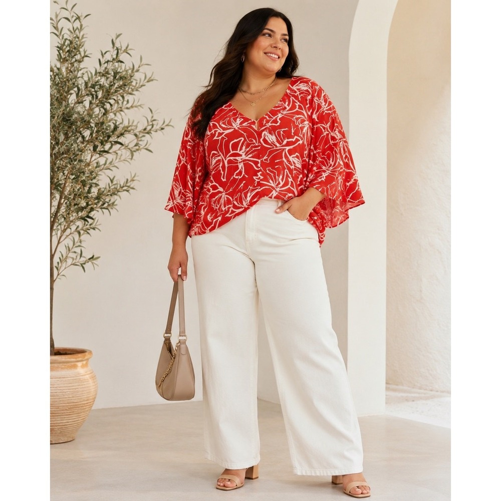 Women 1X Orange White Abstract Floral Blouse Kimono Sleeve V Neck Boho Plus Top